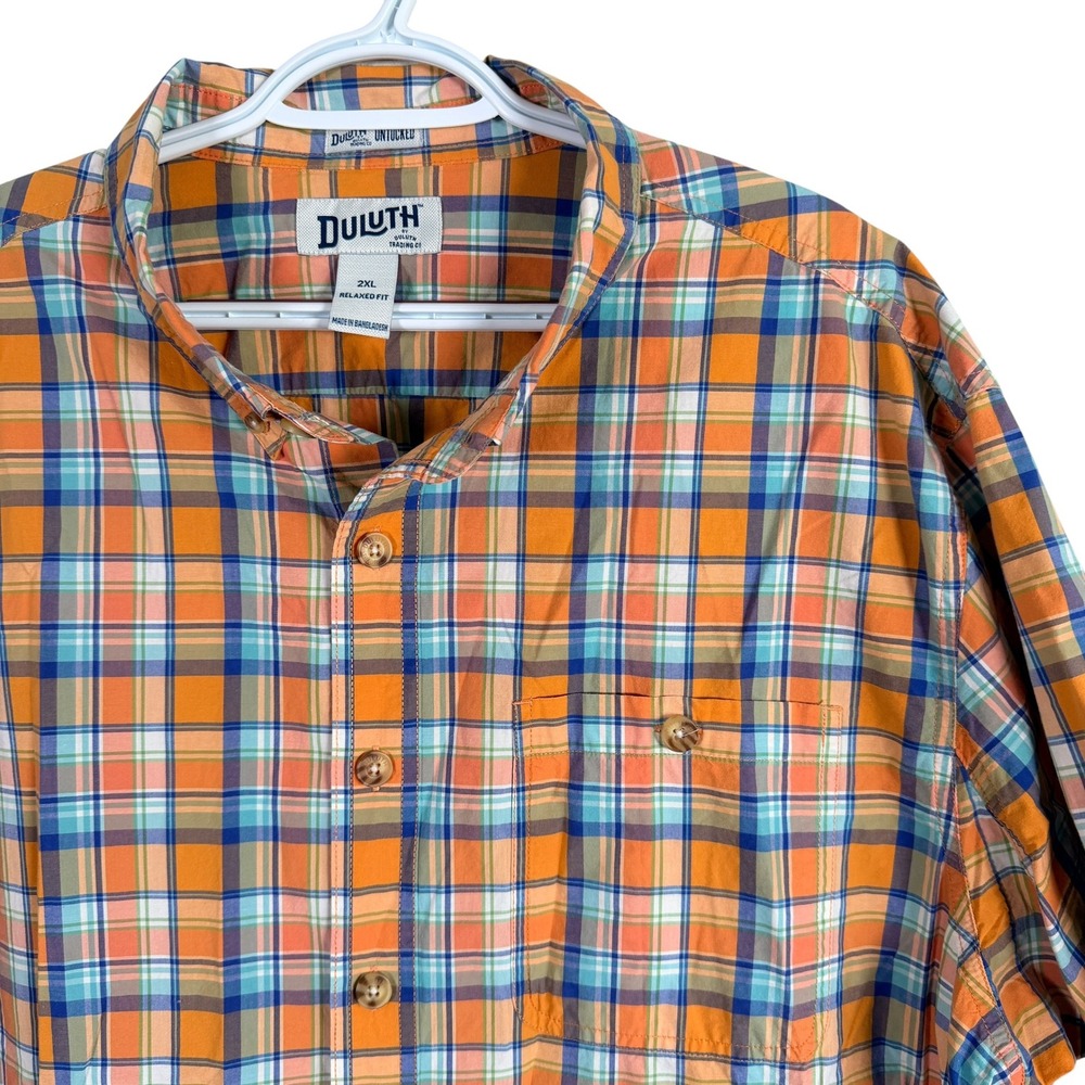 Duluth Untucked Shirt Button Down Mens 2XL Orange Plaid Cotton Relaxed Fit read